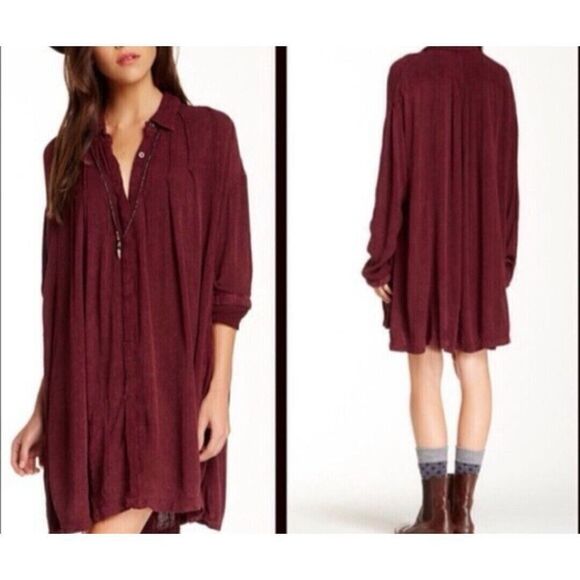 Free People Women's Sz XS Maroon Spin Me Oversized Button Down Shirt Dress - Picture 7 of 7